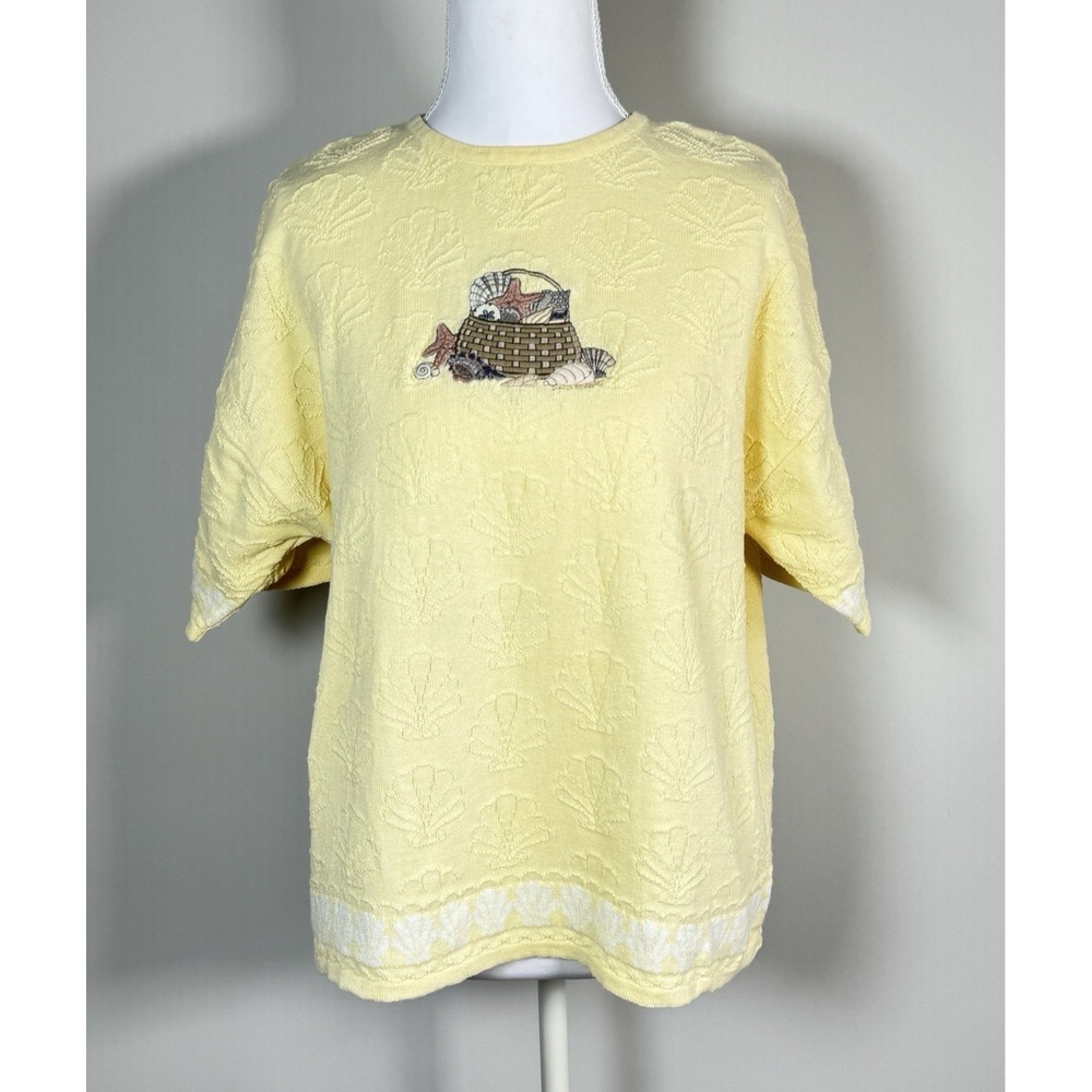 Vintage La‎ Moda Cotton Ramie Textured Shell Motif Knit SS Sweater Yellow Sz L
